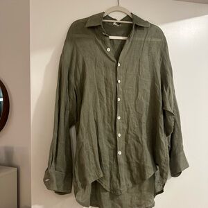 Olive Green 100% Linen Button-Up Shirt - XS